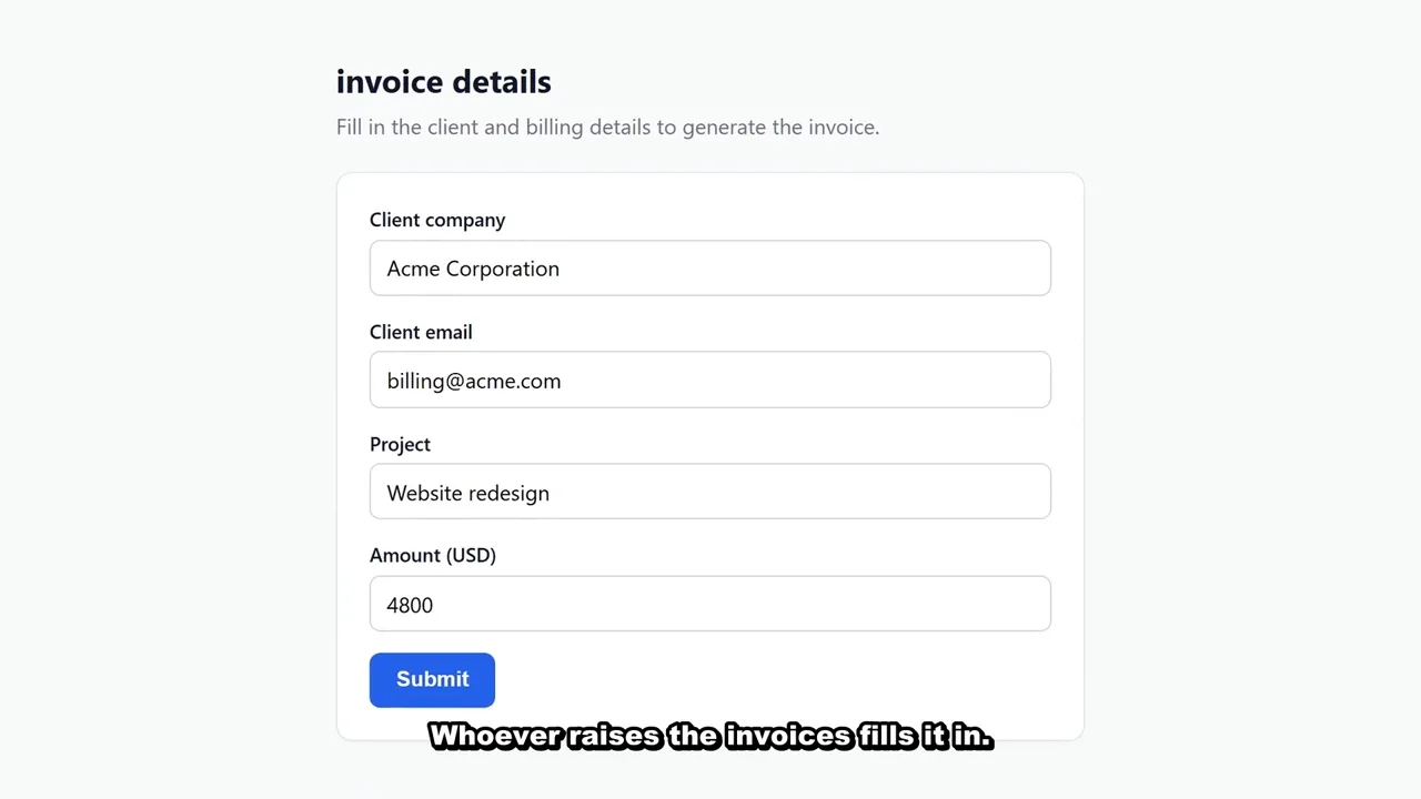 The public invoice form in LiveContext: client, email, project and amount